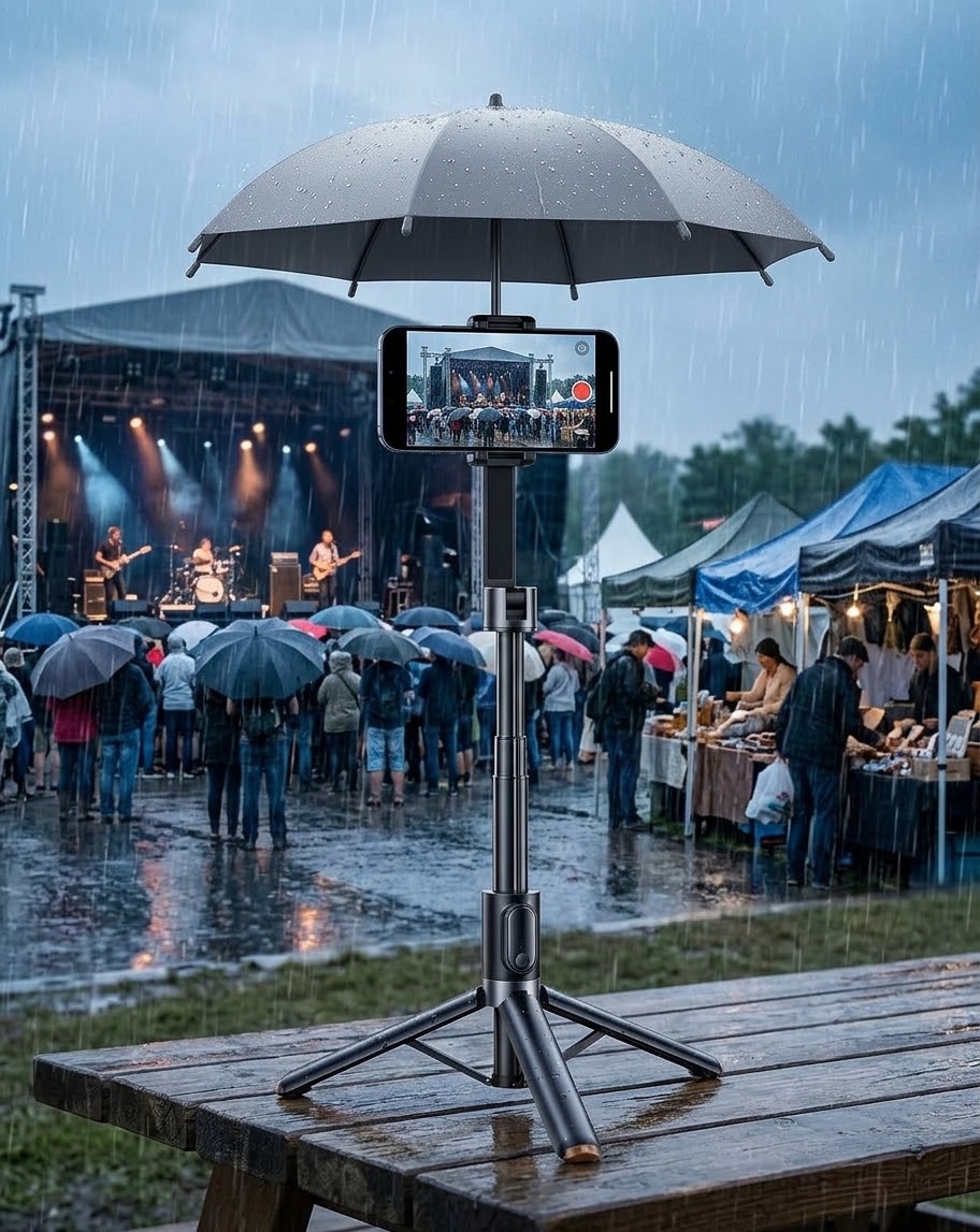 A tripod-mounted phone under the canopy filming a concert stage in steady rain at an outdoor festival