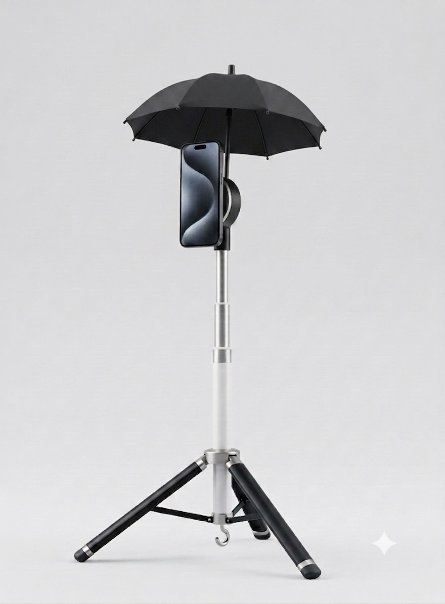 The Selfie Shade: a tripod selfie stick with an integrated canopy arched over a mounted phone