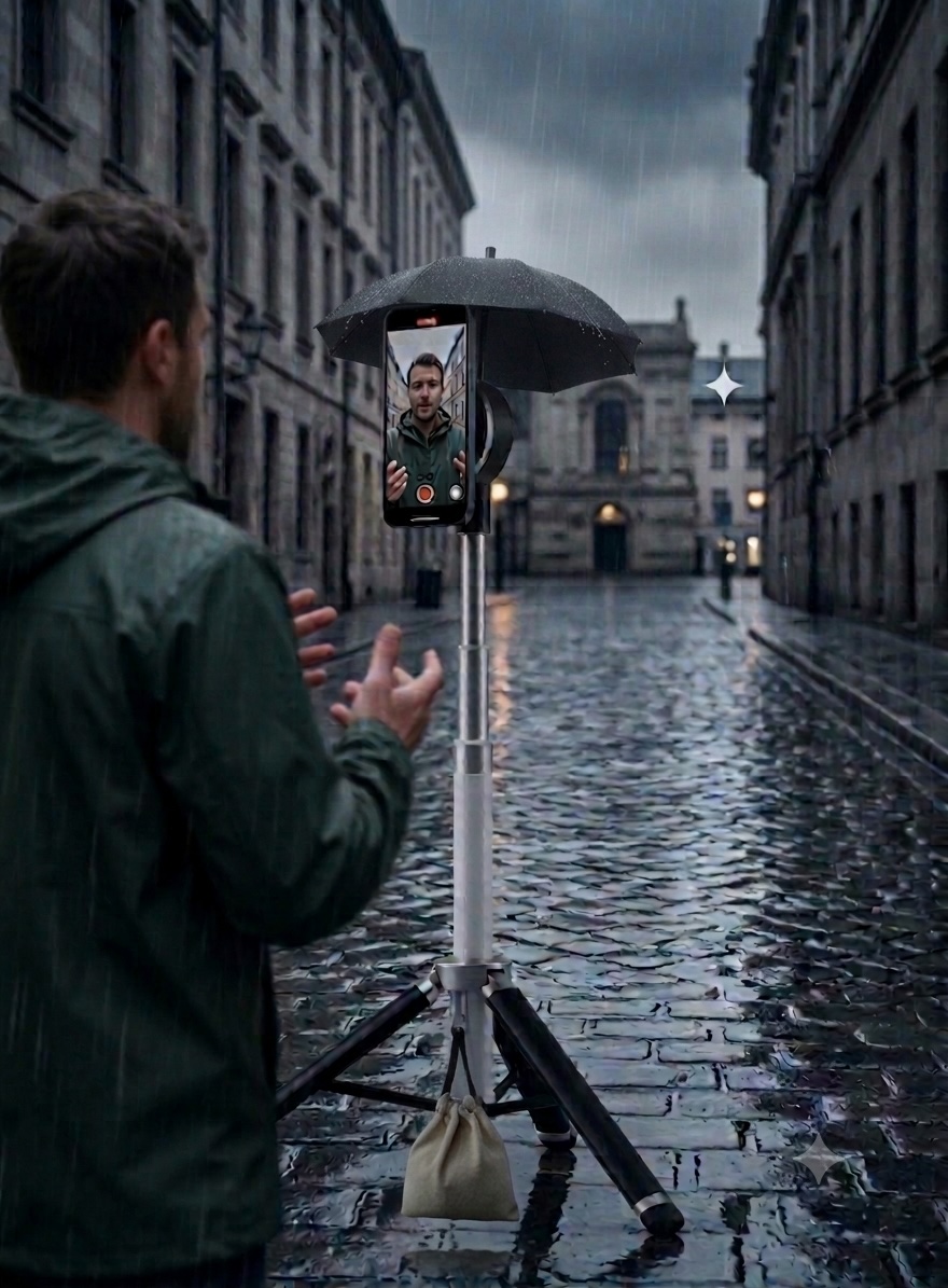 A vlogger recording in steady rain while the canopy keeps the phone dry