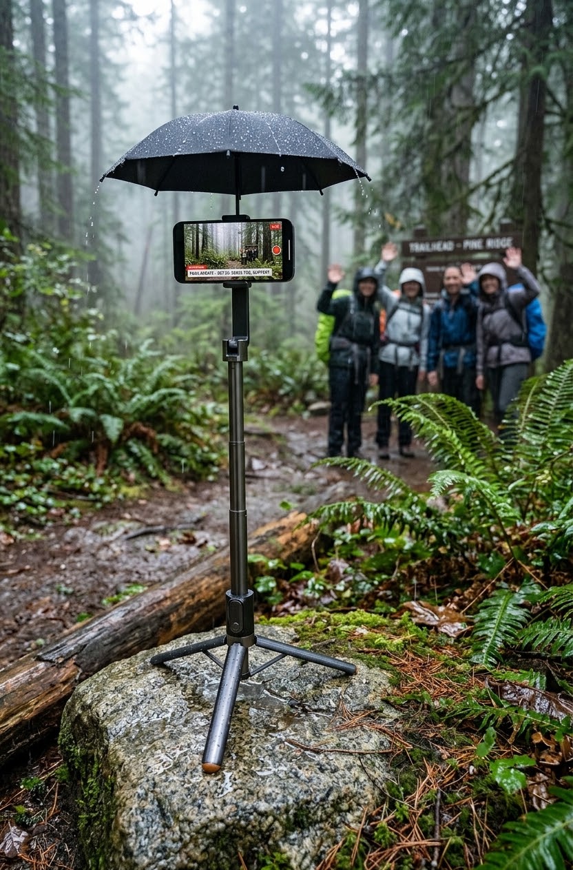 A tripod-mounted phone under the canopy on a misty forest trail, hikers approaching in the rain